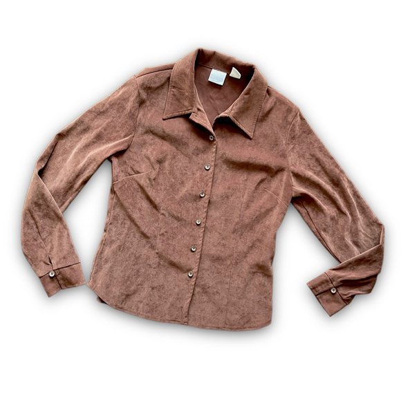 Vintage Studio C Brown Faux Suede Button Down Top - Picture 1 of 6